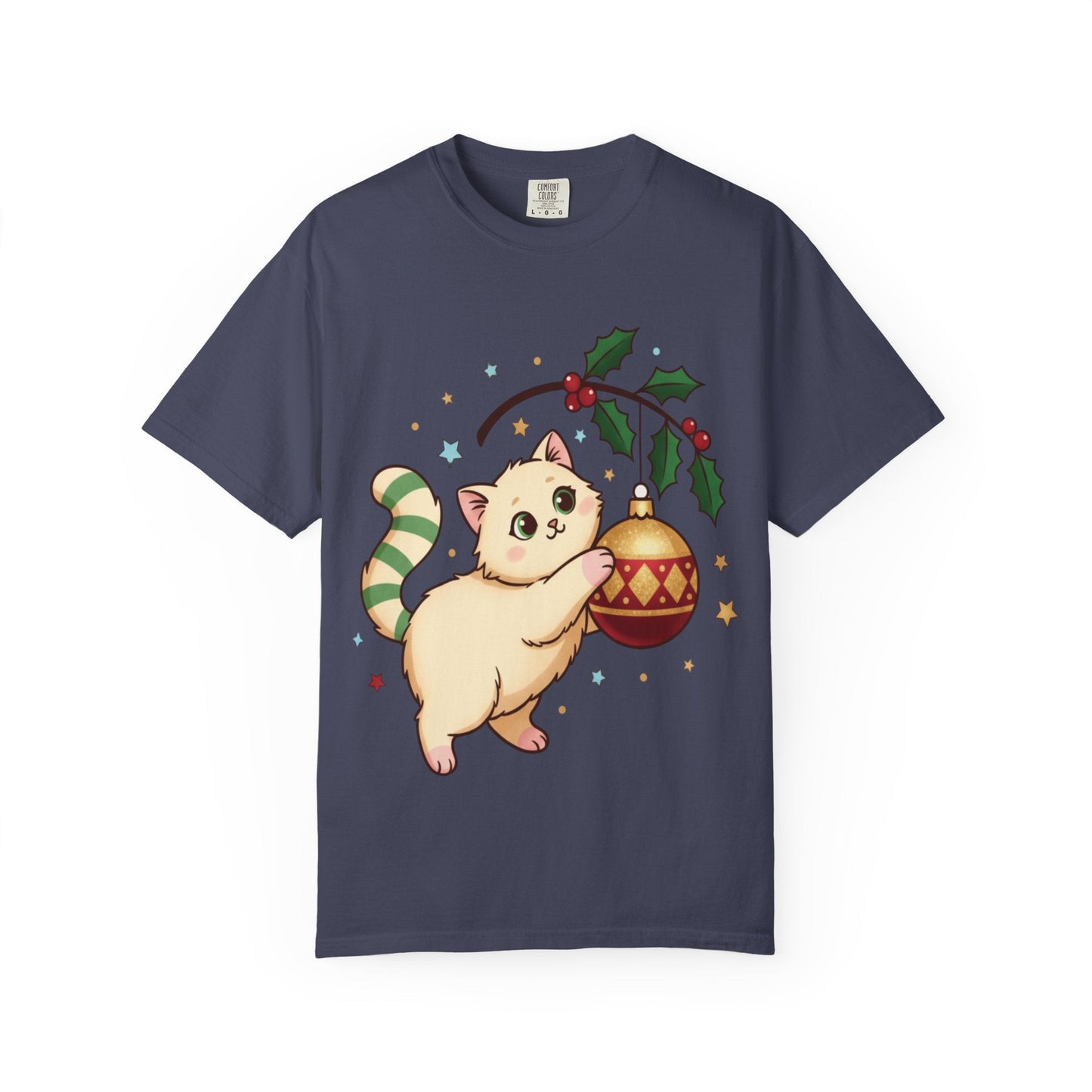 Festive Feline Fantasy: Christmas Kawaii Kitten, Digital Anime Holiday Illustration T-shirt – Custom T-Shirt by PixelCraft360, unique decoration for events and special gifts
