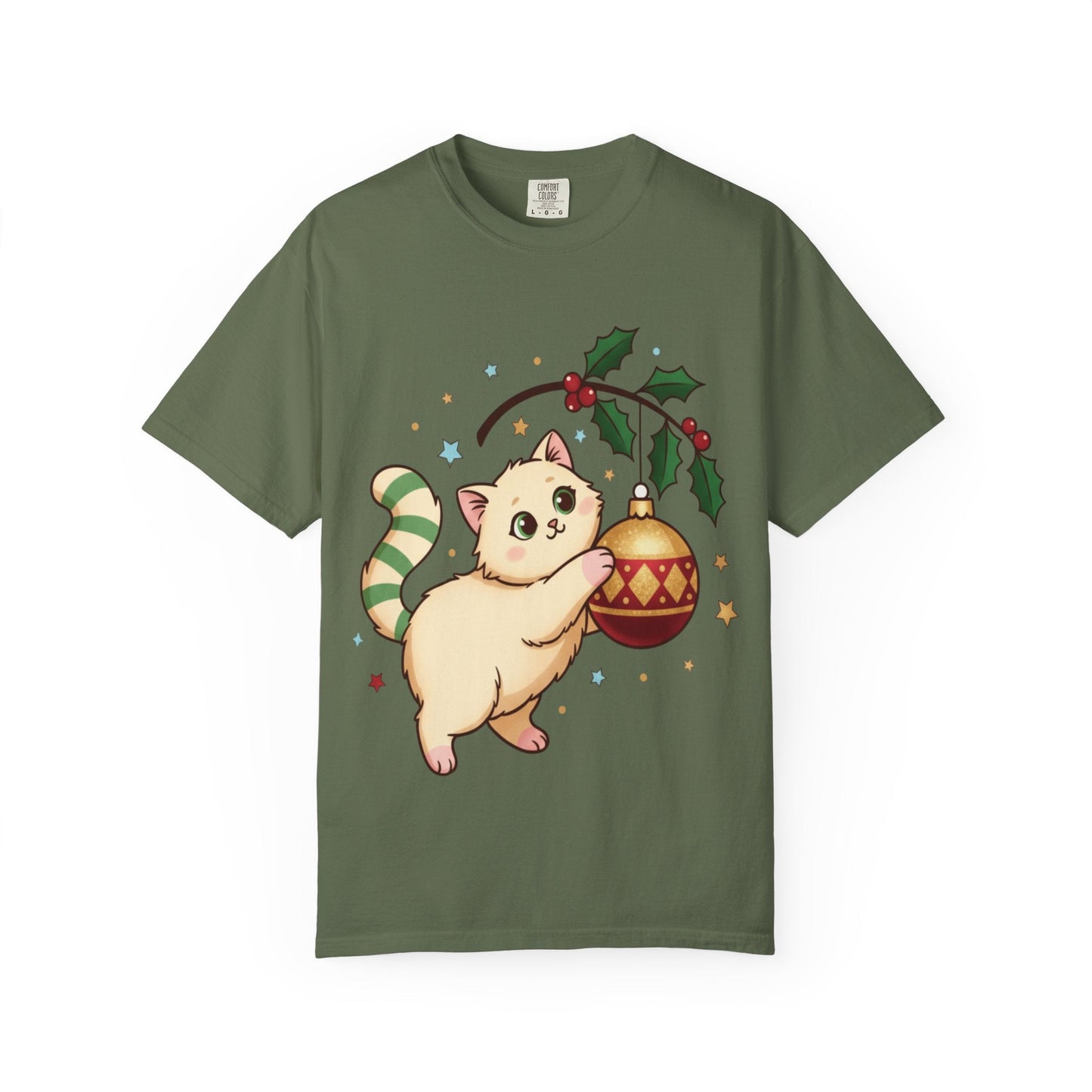 Festive Feline Fantasy: Christmas Kawaii Kitten, Digital Anime Holiday Illustration T-shirt – Custom T-Shirt by PixelCraft360, unique decoration for events and special gifts