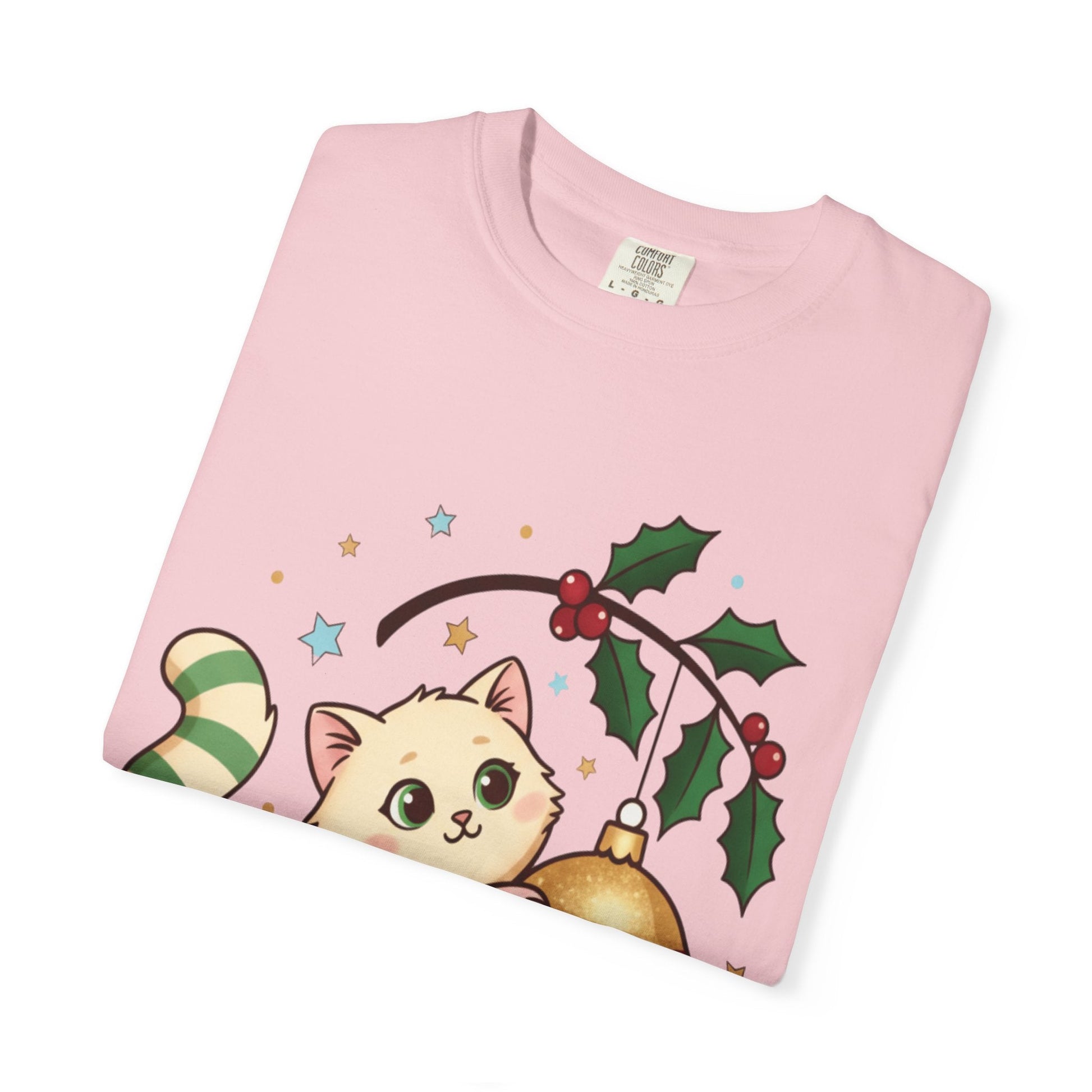 Festive Feline Fantasy: Christmas Kawaii Kitten, Digital Anime Holiday Illustration T-shirt – Custom T-Shirt by PixelCraft360, unique decoration for events and special gifts