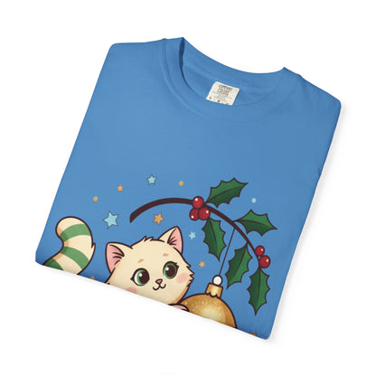 Festive Feline Fantasy: Christmas Kawaii Kitten, Digital Anime Holiday Illustration T-shirt – Custom T-Shirt by PixelCraft360, unique decoration for events and special gifts
