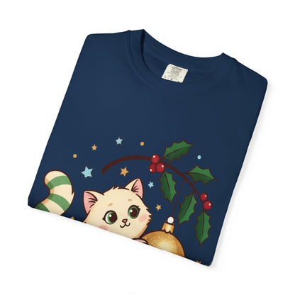 Festive Feline Fantasy: Christmas Kawaii Kitten, Digital Anime Holiday Illustration T-shirt – Custom T-Shirt by PixelCraft360, unique decoration for events and special gifts