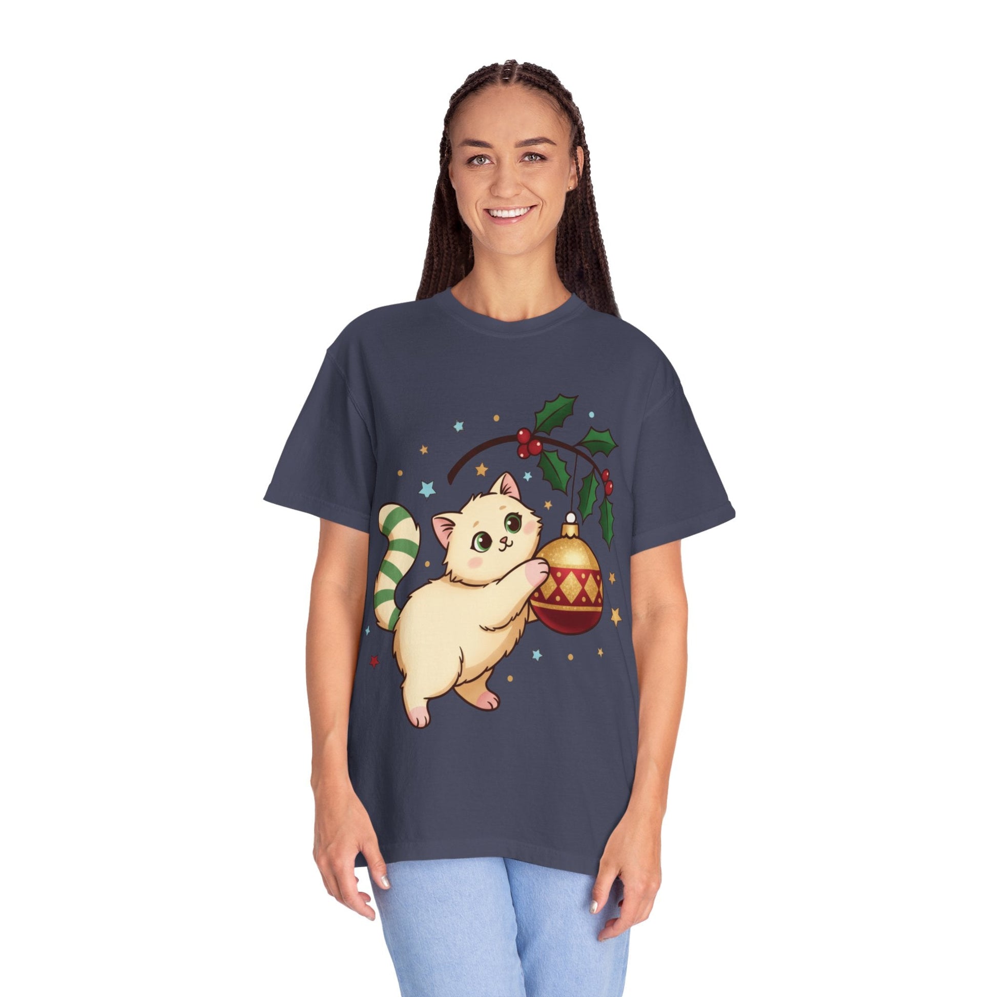Festive Feline Fantasy: Christmas Kawaii Kitten, Digital Anime Holiday Illustration T-shirt – Custom T-Shirt by PixelCraft360, unique decoration for events and special gifts