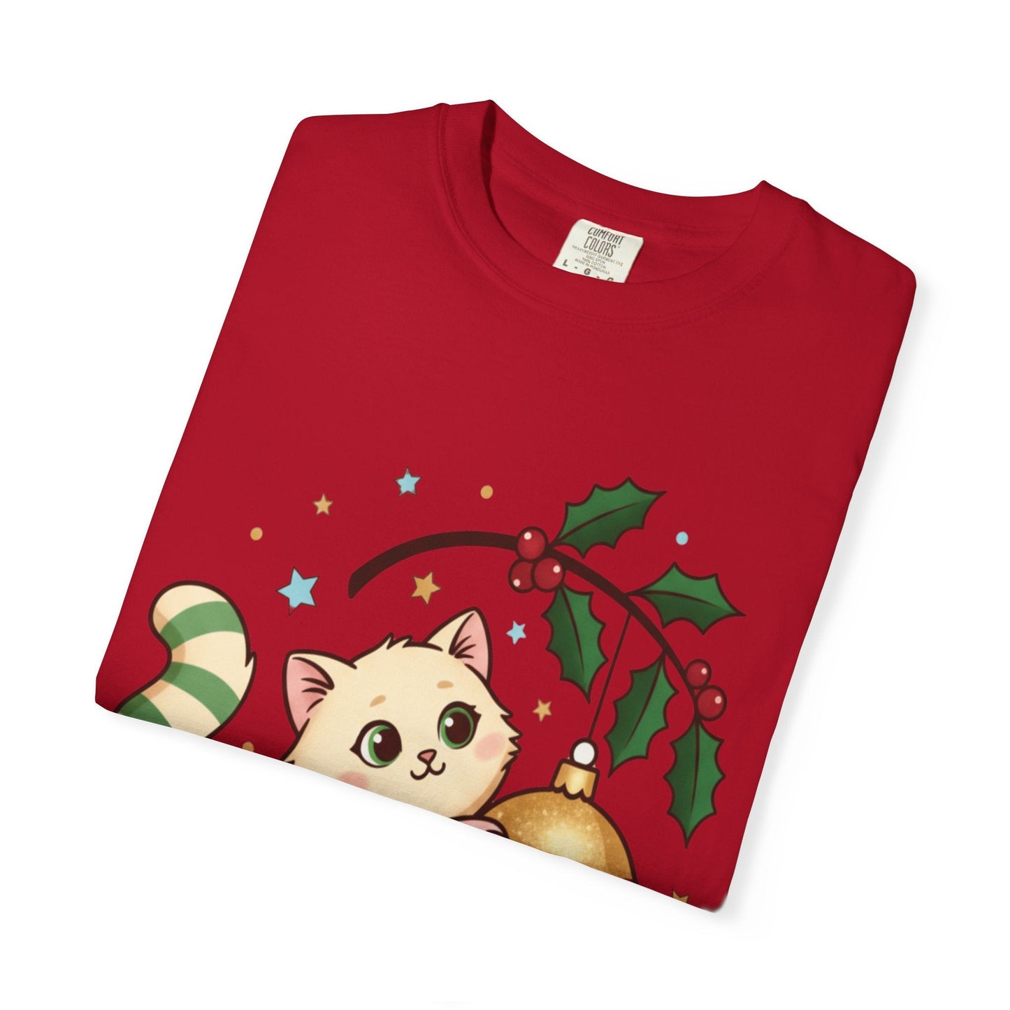 Festive Feline Fantasy: Christmas Kawaii Kitten, Digital Anime Holiday Illustration T-shirt – Custom T-Shirt by PixelCraft360, unique decoration for events and special gifts