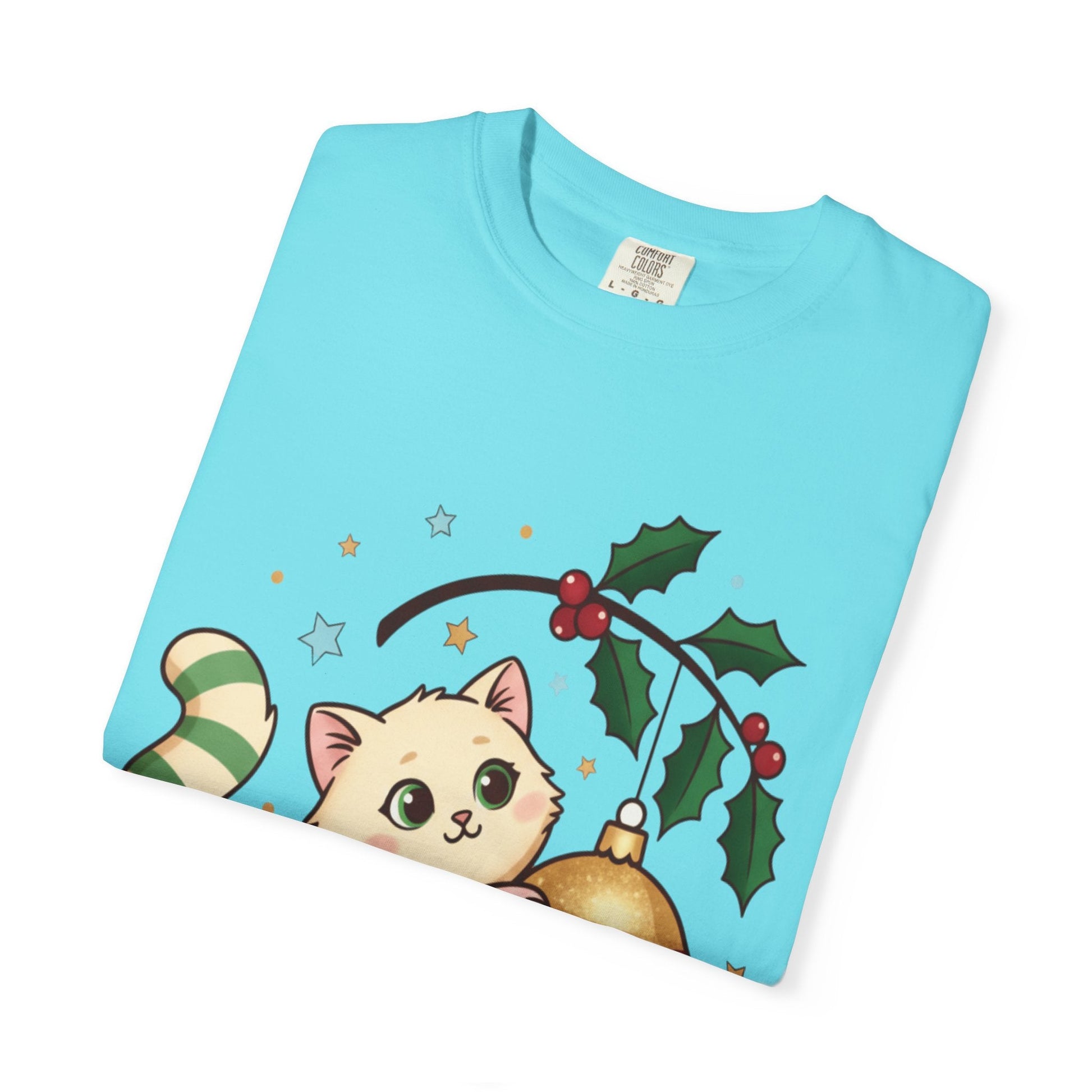Festive Feline Fantasy: Christmas Kawaii Kitten, Digital Anime Holiday Illustration T-shirt – Custom T-Shirt by PixelCraft360, unique decoration for events and special gifts