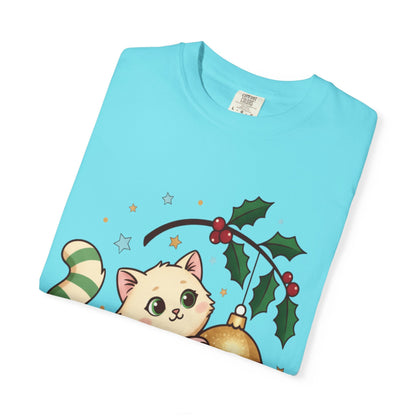 Festive Feline Fantasy: Christmas Kawaii Kitten, Digital Anime Holiday Illustration T-shirt – Custom T-Shirt by PixelCraft360, unique decoration for events and special gifts