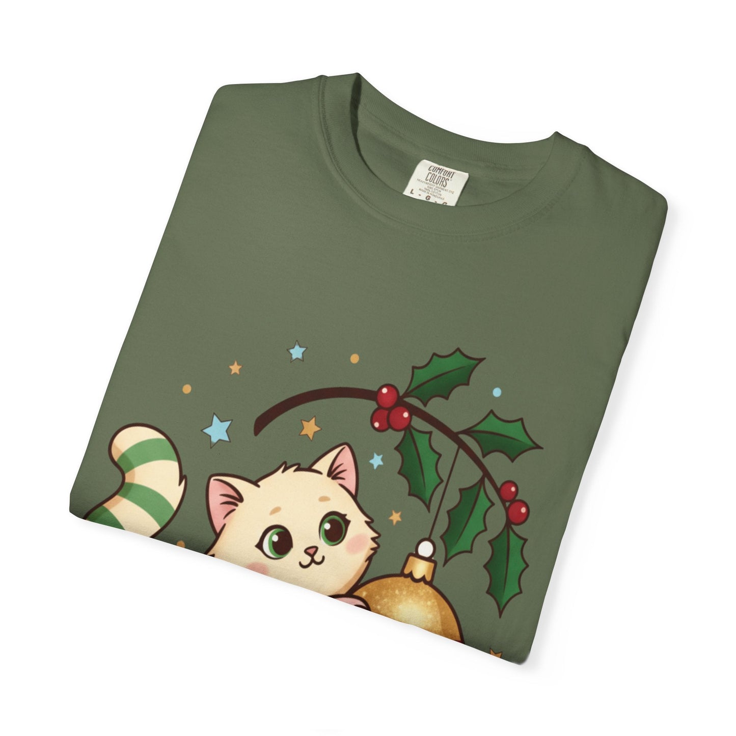 Festive Feline Fantasy: Christmas Kawaii Kitten, Digital Anime Holiday Illustration T-shirt – Custom T-Shirt by PixelCraft360, unique decoration for events and special gifts