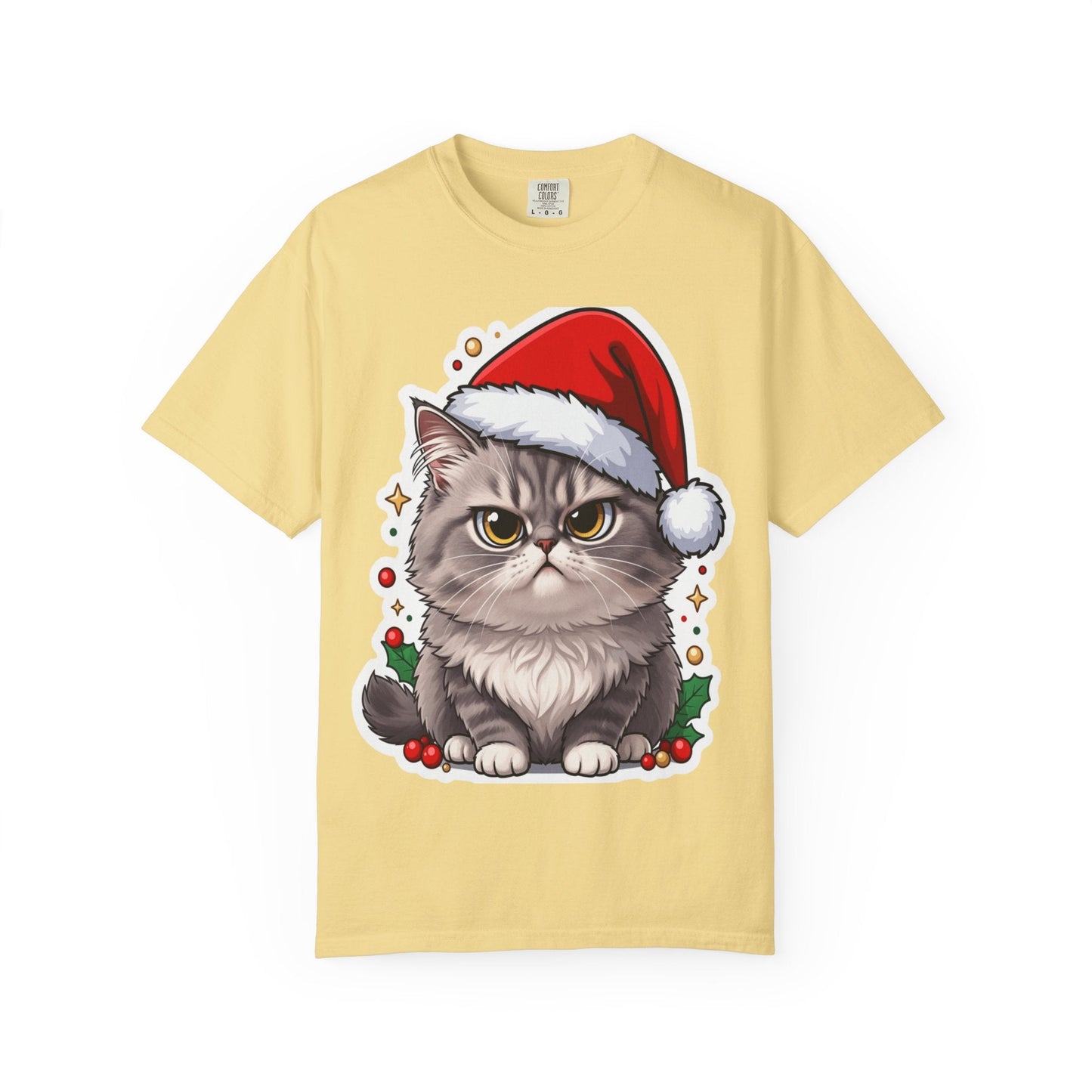 Festive Feline Fury: Holiday Grumpy Cat Illustration, Anime - Style Christmas Artwork T-shirt – Custom T-Shirt by PixelCraft360, unique decoration for events and special gifts