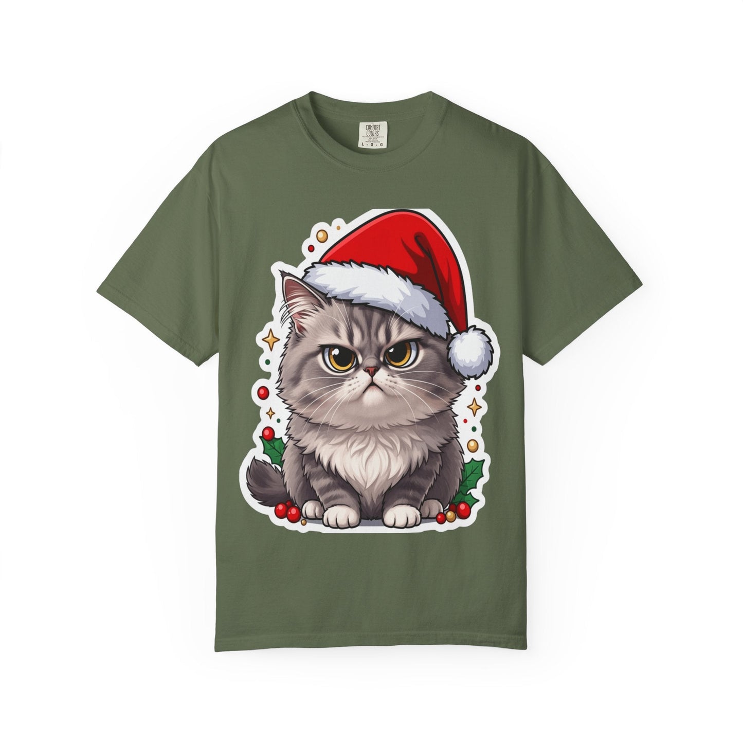 Festive Feline Fury: Holiday Grumpy Cat Illustration, Anime - Style Christmas Artwork T-shirt – Custom T-Shirt by PixelCraft360, unique decoration for events and special gifts