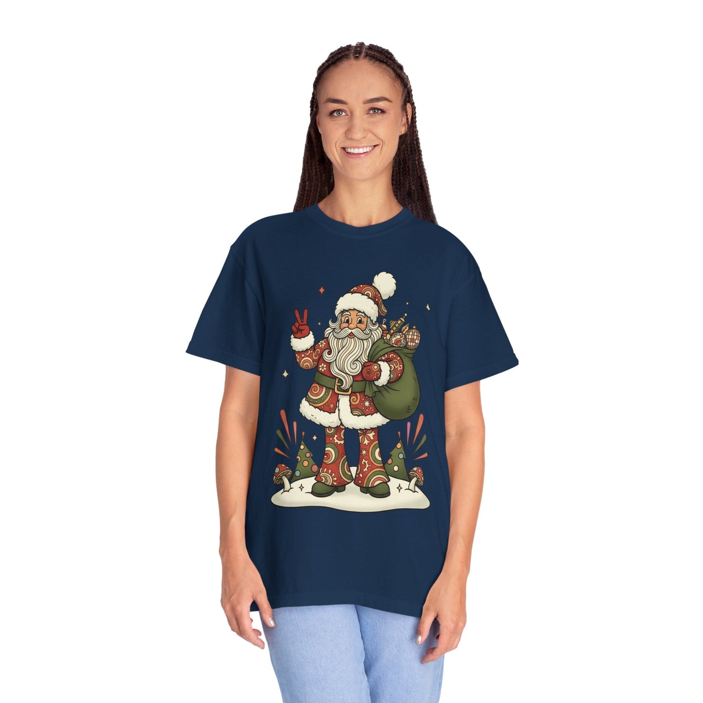 Festive Folk Santa: Whimsical Holiday Illustration, Retro Christmas Art Style T-shirt – Custom T-Shirt by PixelCraft360, unique decoration for events and special gifts