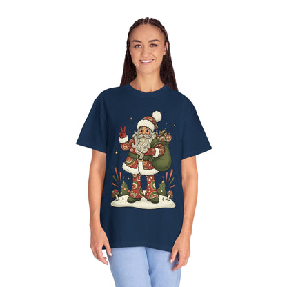 Festive Folk Santa: Whimsical Holiday Illustration, Retro Christmas Art Style T-shirt – Custom T-Shirt by PixelCraft360, unique decoration for events and special gifts
