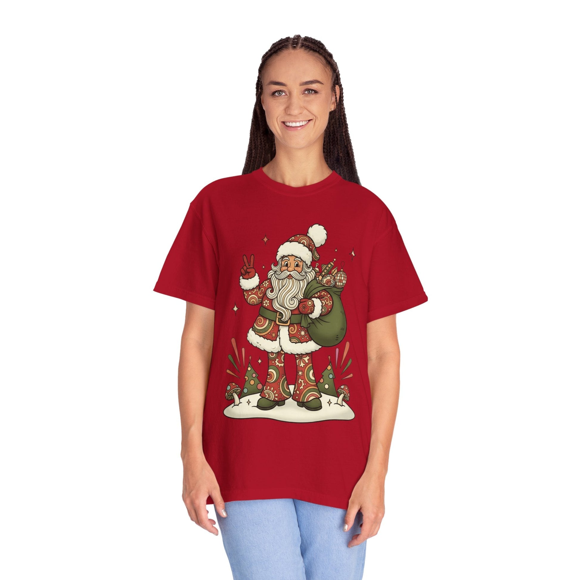 Festive Folk Santa: Whimsical Holiday Illustration, Retro Christmas Art Style T-shirt – Custom T-Shirt by PixelCraft360, unique decoration for events and special gifts