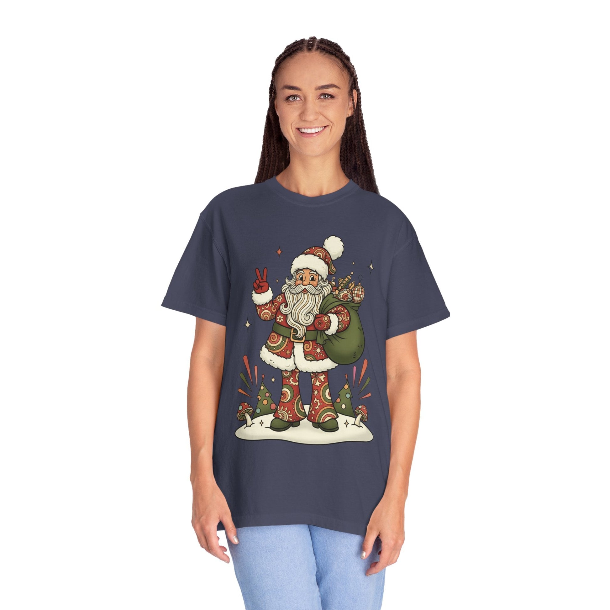 Festive Folk Santa: Whimsical Holiday Illustration, Retro Christmas Art Style T-shirt – Custom T-Shirt by PixelCraft360, unique decoration for events and special gifts