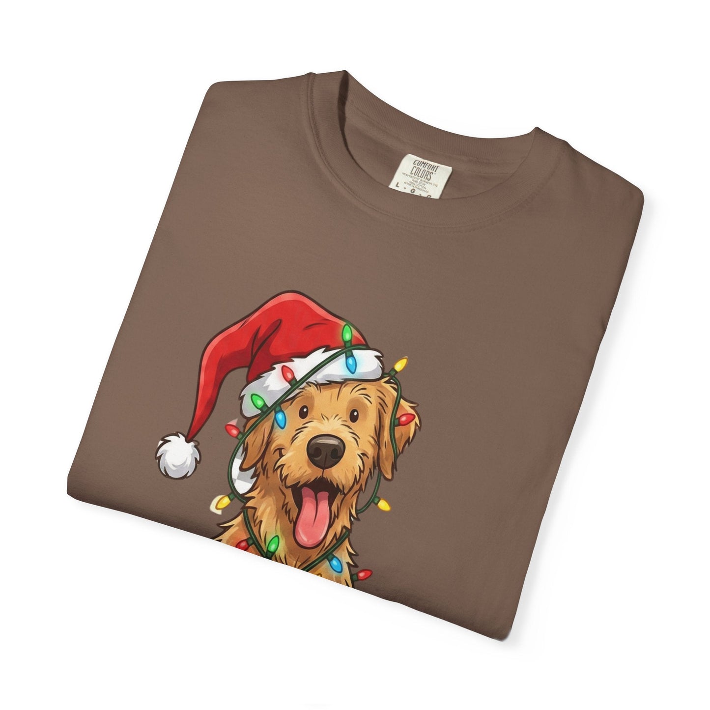 Festive Furry Friend: Christmas Lights Canine, Playful Holiday Illustration T-shirt – Custom T-Shirt by PixelCraft360, unique decoration for events and special gifts