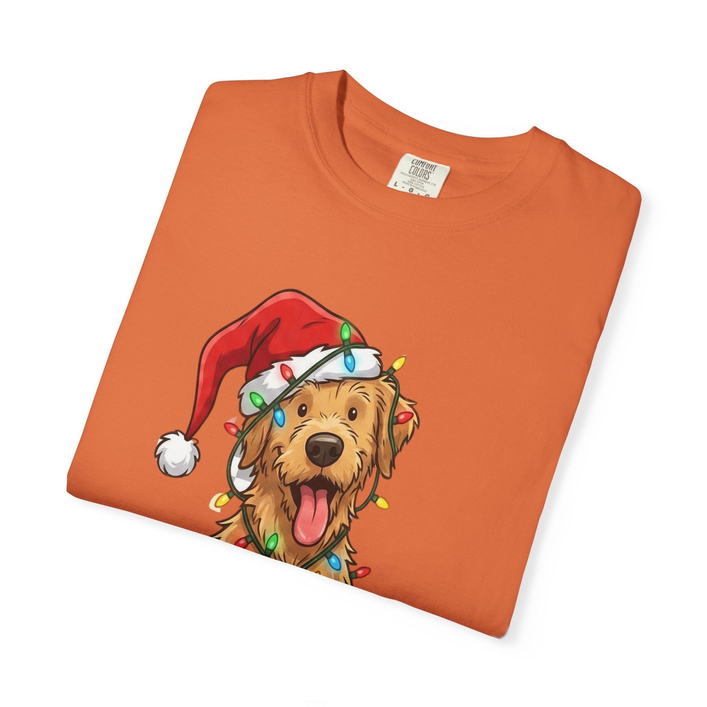Festive Furry Friend: Christmas Lights Canine, Playful Holiday Illustration T-shirt – Custom T-Shirt by PixelCraft360, unique decoration for events and special gifts