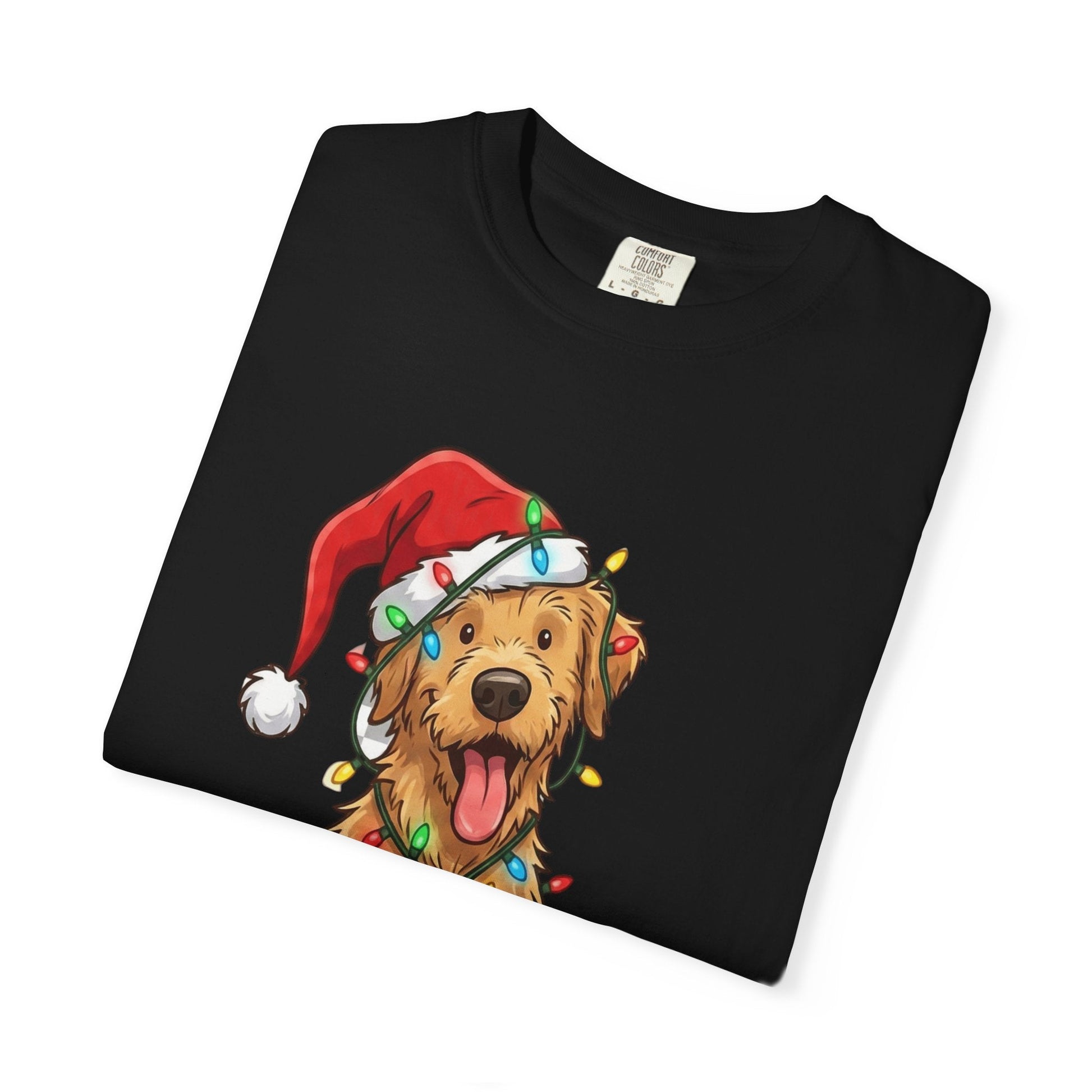 Festive Furry Friend: Christmas Lights Canine, Playful Holiday Illustration T-shirt – Custom T-Shirt by PixelCraft360, unique decoration for events and special gifts