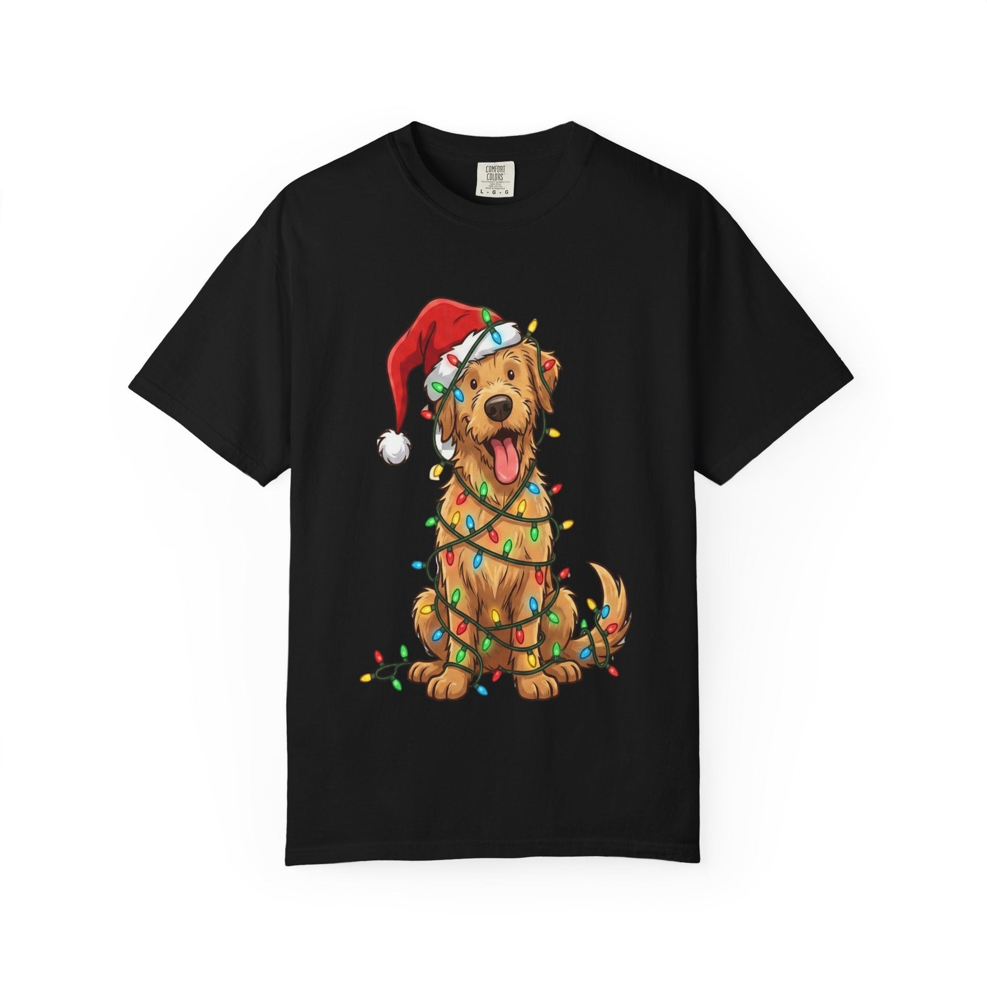 Festive Furry Friend: Christmas Lights Canine, Playful Holiday Illustration T-shirt – Custom T-Shirt by PixelCraft360, unique decoration for events and special gifts