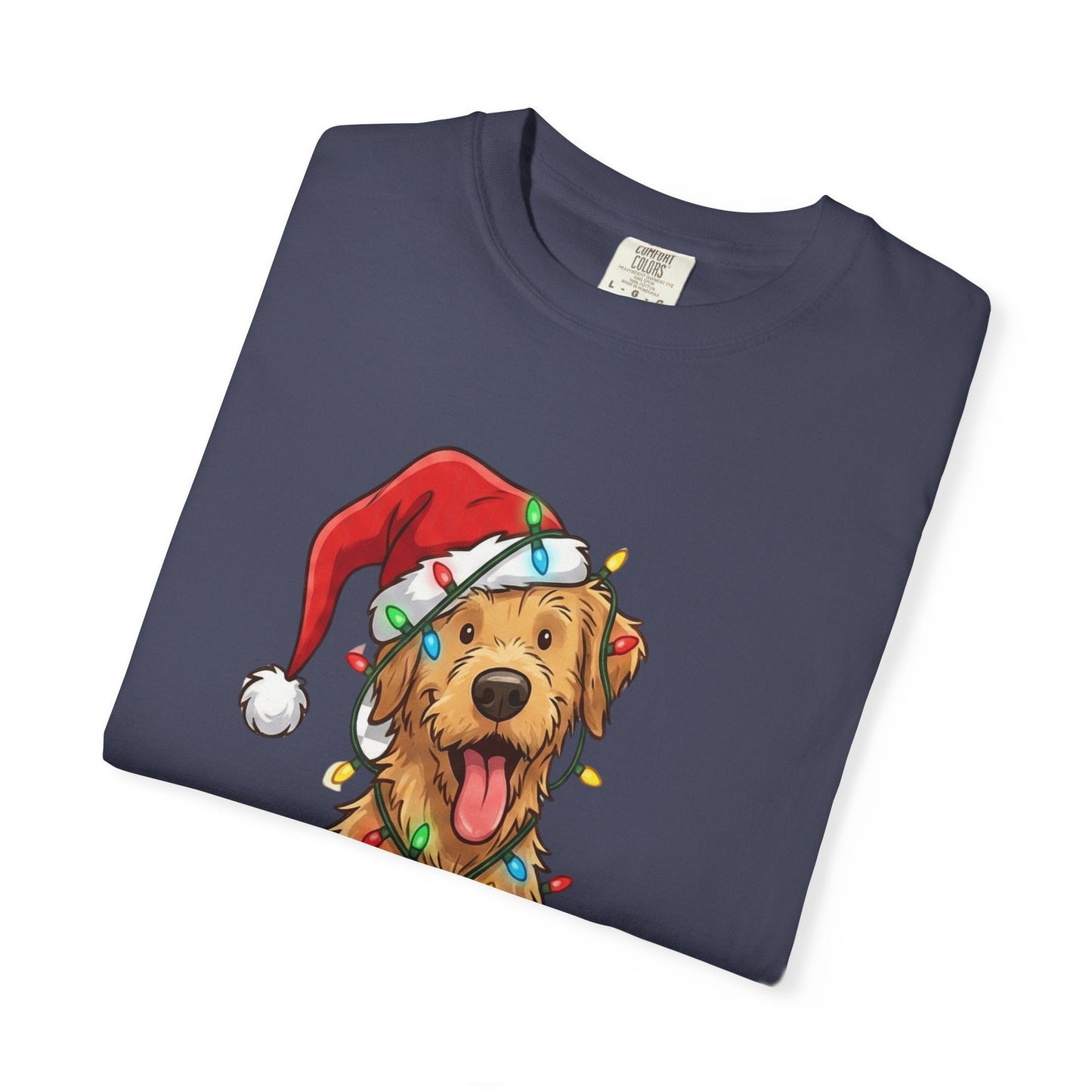 Festive Furry Friend: Christmas Lights Canine, Playful Holiday Illustration T-shirt – Custom T-Shirt by PixelCraft360, unique decoration for events and special gifts