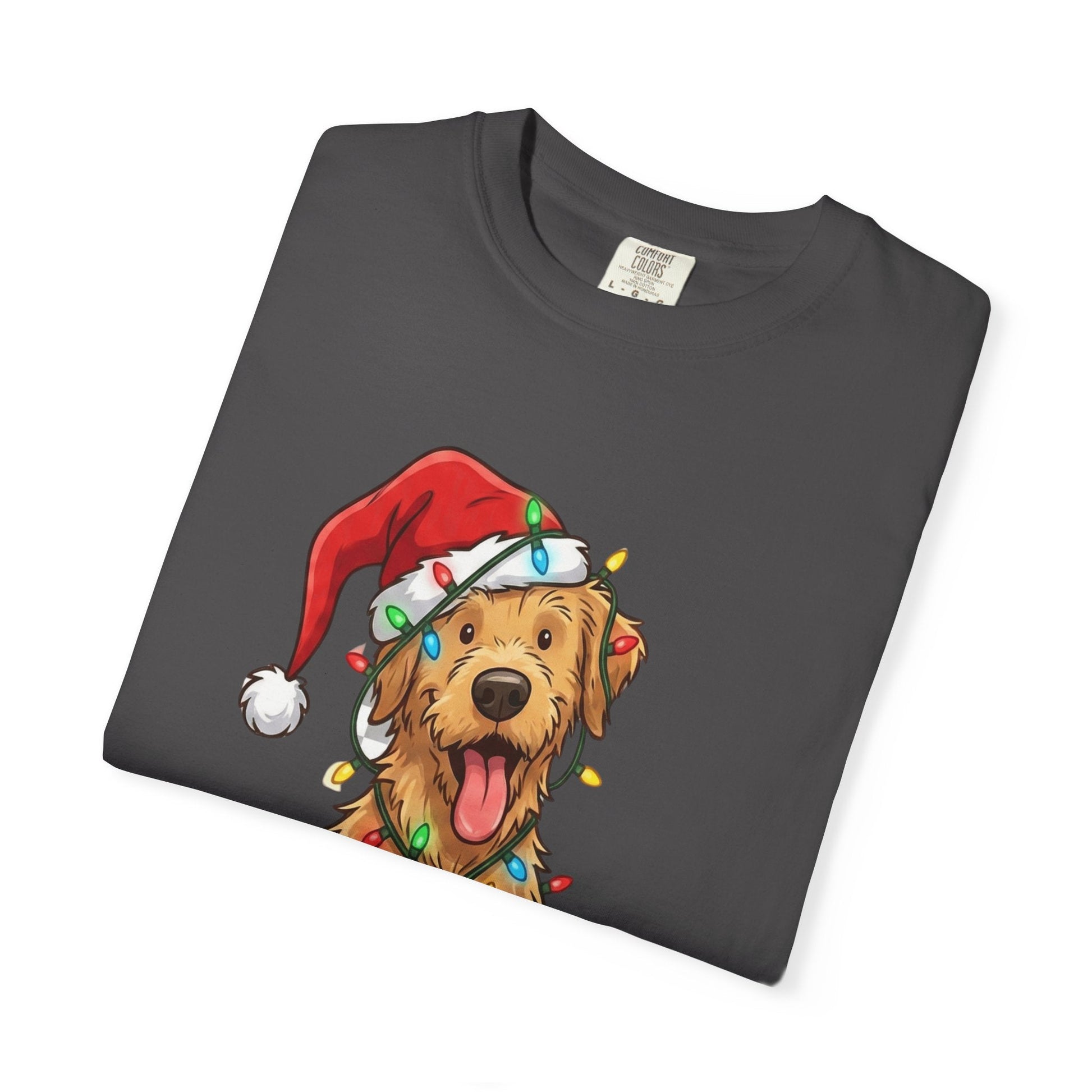 Festive Furry Friend: Christmas Lights Canine, Playful Holiday Illustration T-shirt – Custom T-Shirt by PixelCraft360, unique decoration for events and special gifts