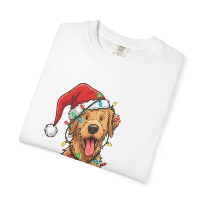 Festive Furry Friend: Christmas Lights Canine, Playful Holiday Illustration T-shirt – Custom T-Shirt by PixelCraft360, unique decoration for events and special gifts
