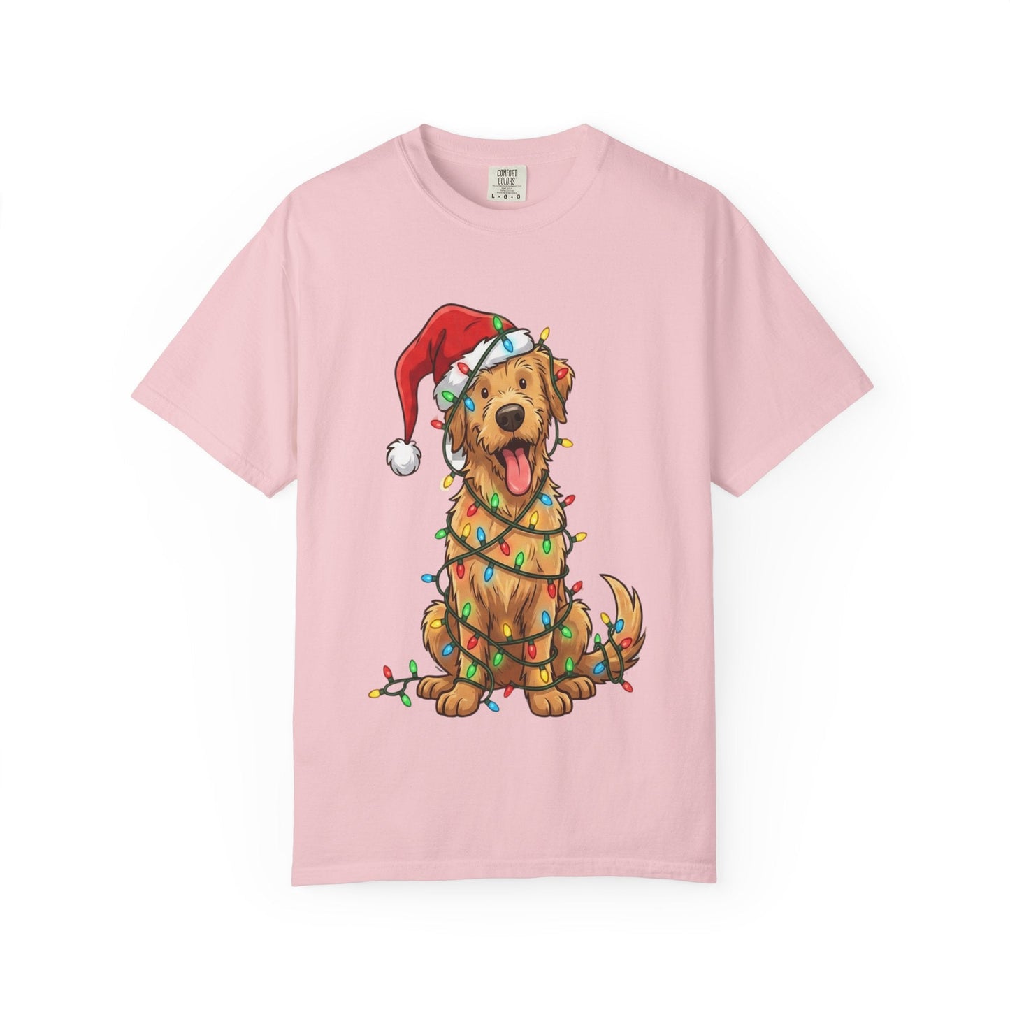 Festive Furry Friend: Christmas Lights Canine, Playful Holiday Illustration T-shirt – Custom T-Shirt by PixelCraft360, unique decoration for events and special gifts