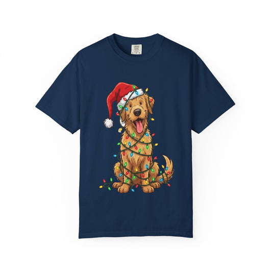 Festive Furry Friend: Christmas Lights Canine, Playful Holiday Illustration T-shirt – Custom T-Shirt by PixelCraft360, unique decoration for events and special gifts
