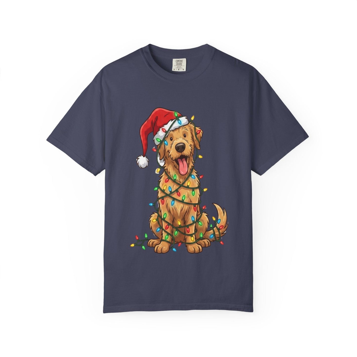 Festive Furry Friend: Christmas Lights Canine, Playful Holiday Illustration T-shirt – Custom T-Shirt by PixelCraft360, unique decoration for events and special gifts