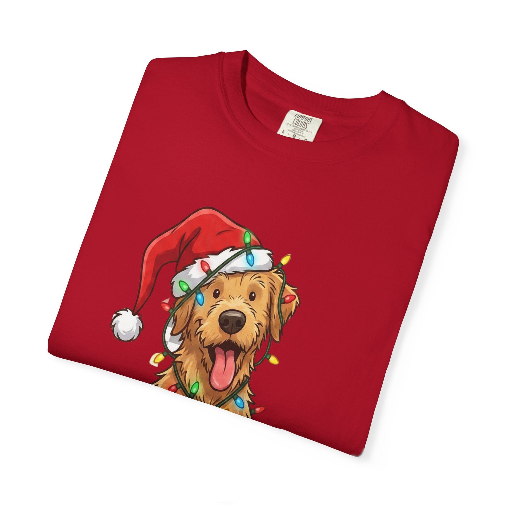 Festive Furry Friend: Christmas Lights Canine, Playful Holiday Illustration T-shirt – Custom T-Shirt by PixelCraft360, unique decoration for events and special gifts