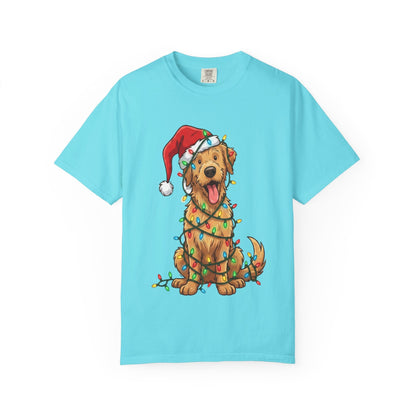 Festive Furry Friend: Christmas Lights Canine, Playful Holiday Illustration T-shirt – Custom T-Shirt by PixelCraft360, unique decoration for events and special gifts