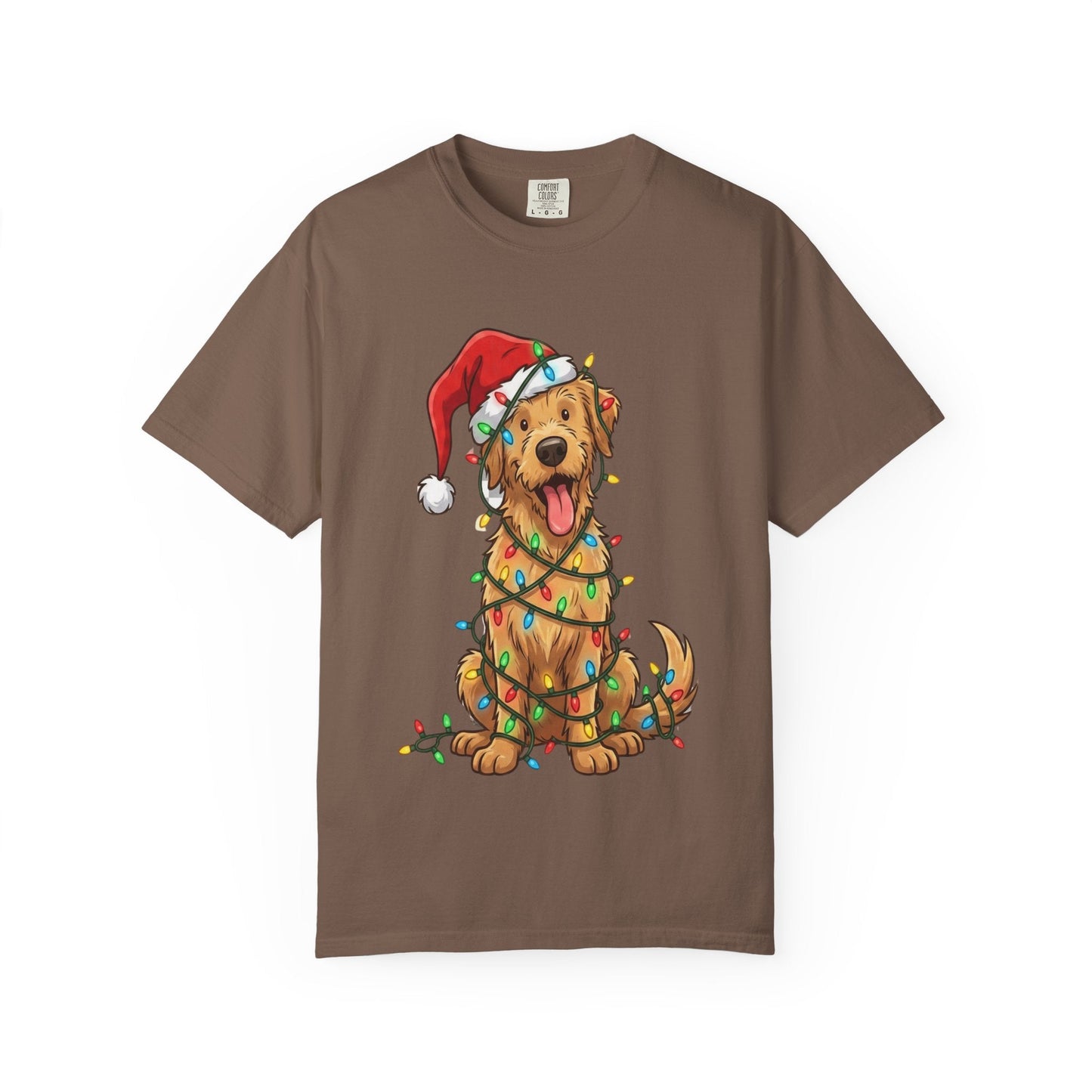 Festive Furry Friend: Christmas Lights Canine, Playful Holiday Illustration T-shirt – Custom T-Shirt by PixelCraft360, unique decoration for events and special gifts