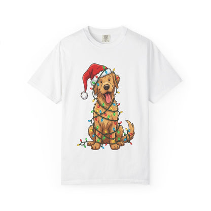 Festive Furry Friend: Christmas Lights Canine, Playful Holiday Illustration T-shirt – Custom T-Shirt by PixelCraft360, unique decoration for events and special gifts