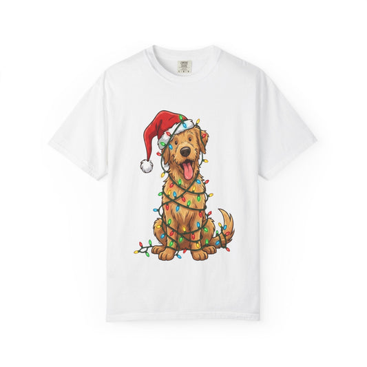 Festive Furry Friend: Christmas Lights Canine, Playful Holiday Illustration T-shirt – Custom T-Shirt by PixelCraft360, unique decoration for events and special gifts