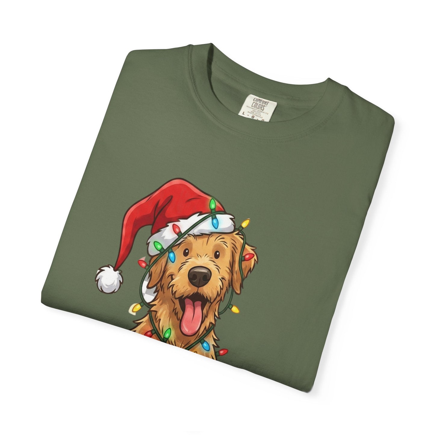 Festive Furry Friend: Christmas Lights Canine, Playful Holiday Illustration T-shirt – Custom T-Shirt by PixelCraft360, unique decoration for events and special gifts