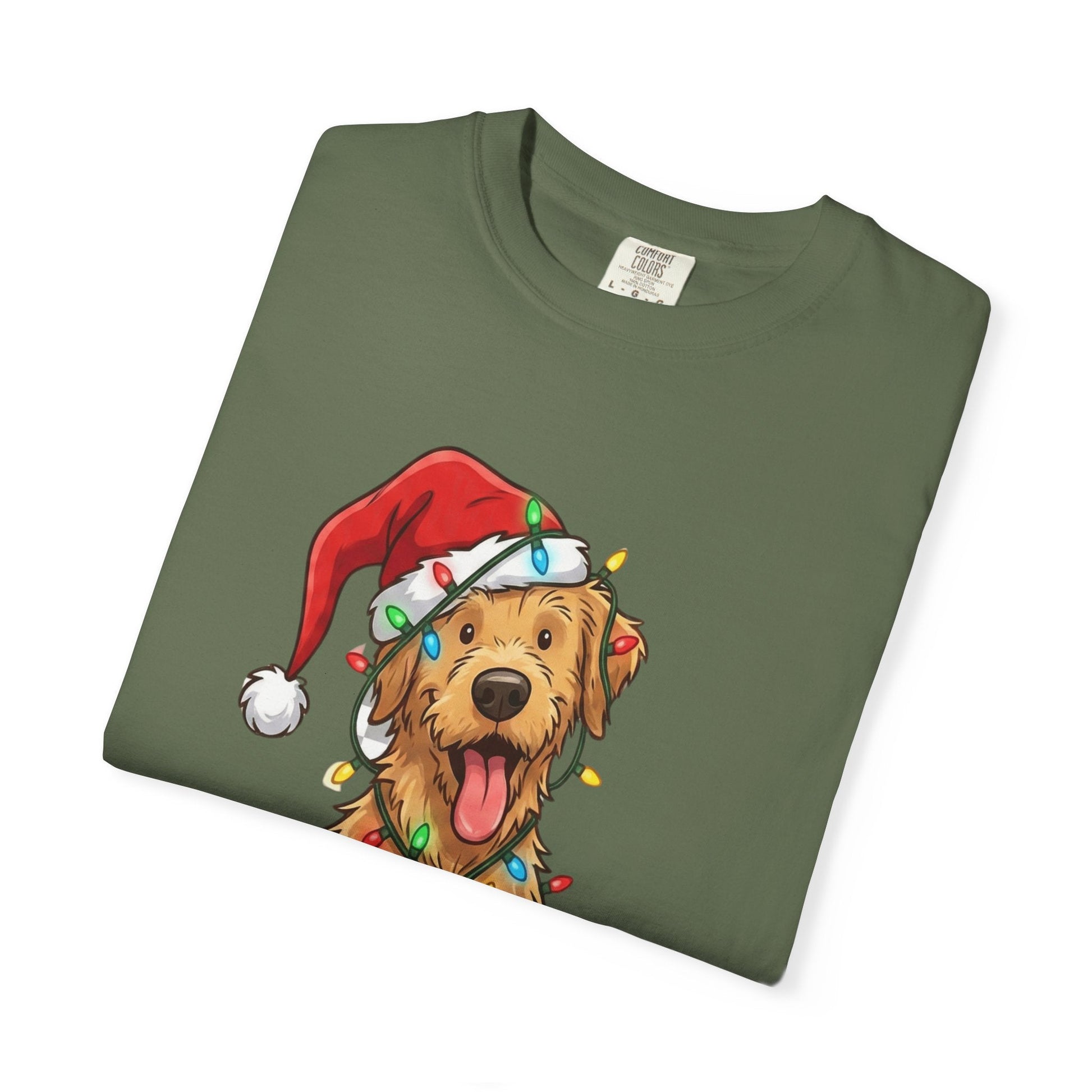 Festive Furry Friend: Christmas Lights Canine, Playful Holiday Illustration T-shirt – Custom T-Shirt by PixelCraft360, unique decoration for events and special gifts