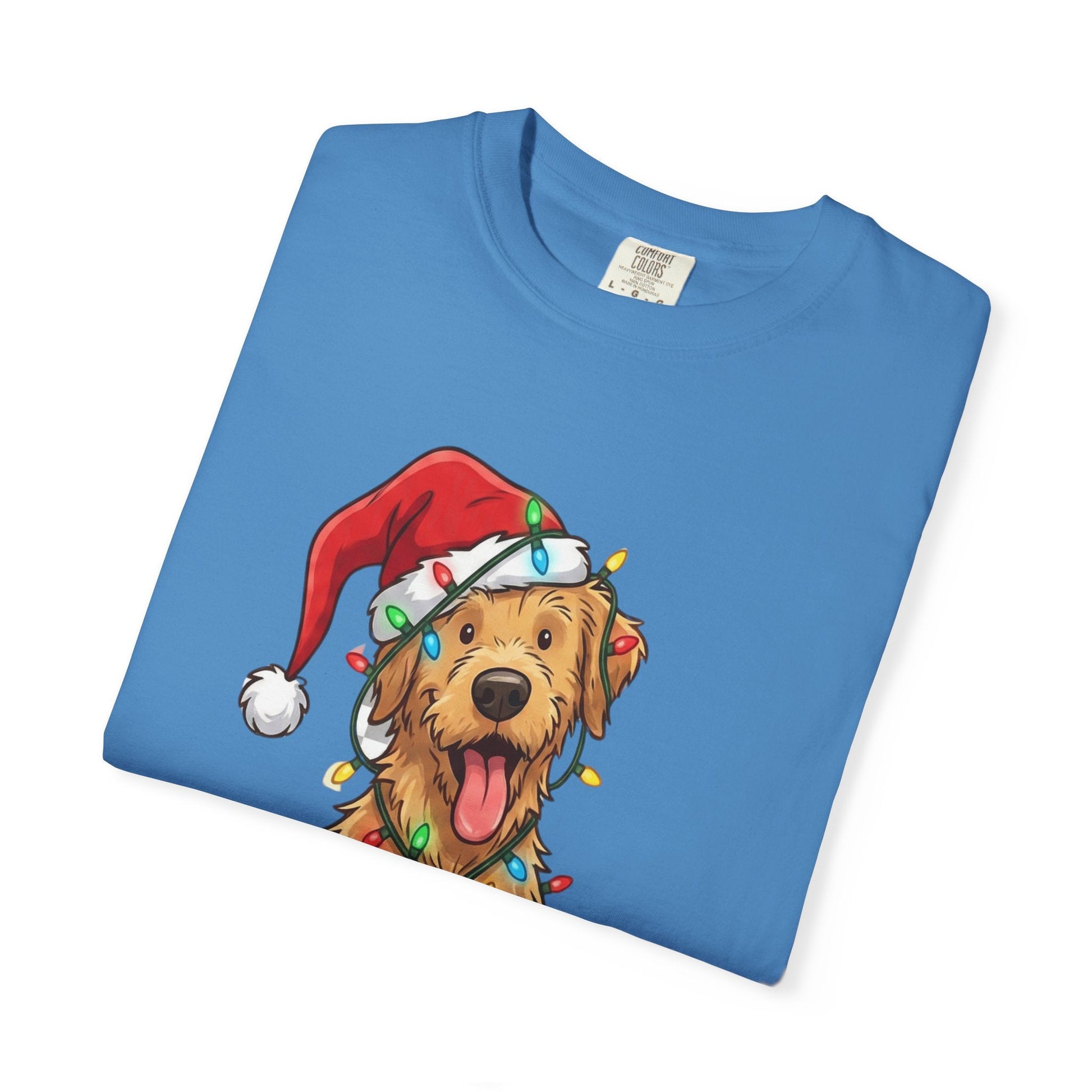 Festive Furry Friend: Christmas Lights Canine, Playful Holiday Illustration T-shirt – Custom T-Shirt by PixelCraft360, unique decoration for events and special gifts