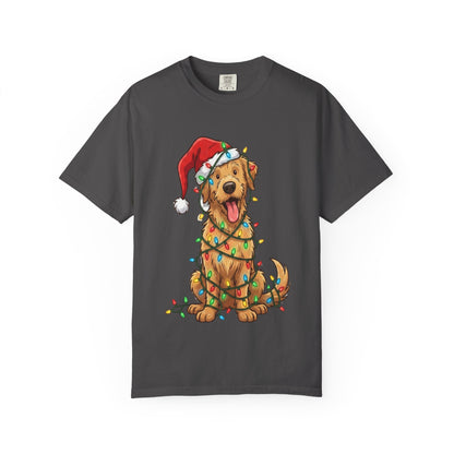 Festive Furry Friend: Christmas Lights Canine, Playful Holiday Illustration T-shirt – Custom T-Shirt by PixelCraft360, unique decoration for events and special gifts