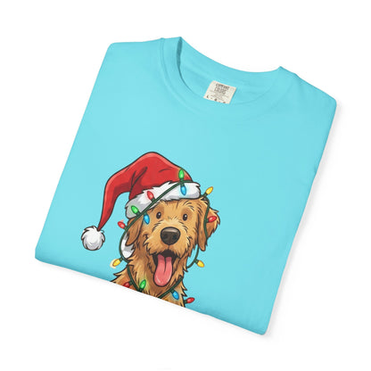 Festive Furry Friend: Christmas Lights Canine, Playful Holiday Illustration T-shirt – Custom T-Shirt by PixelCraft360, unique decoration for events and special gifts