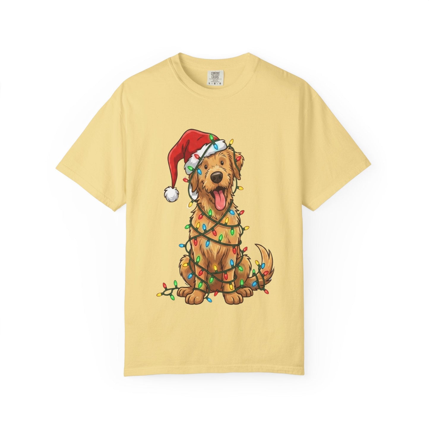 Festive Furry Friend: Christmas Lights Canine, Playful Holiday Illustration T-shirt – Custom T-Shirt by PixelCraft360, unique decoration for events and special gifts