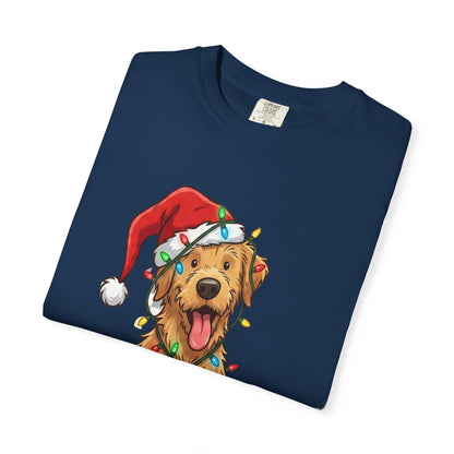 Festive Furry Friend: Christmas Lights Canine, Playful Holiday Illustration T-shirt – Custom T-Shirt by PixelCraft360, unique decoration for events and special gifts