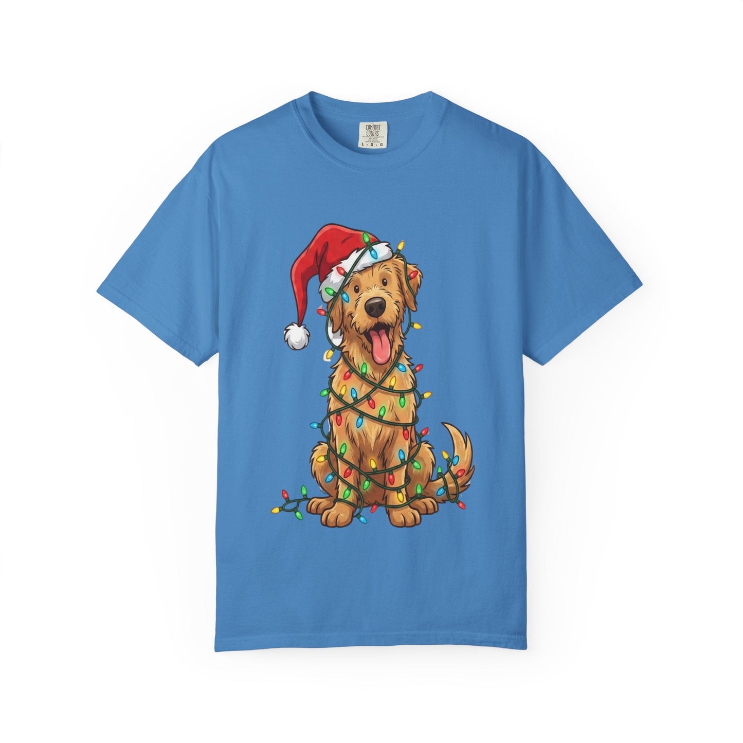 Festive Furry Friend: Christmas Lights Canine, Playful Holiday Illustration T-shirt – Custom T-Shirt by PixelCraft360, unique decoration for events and special gifts