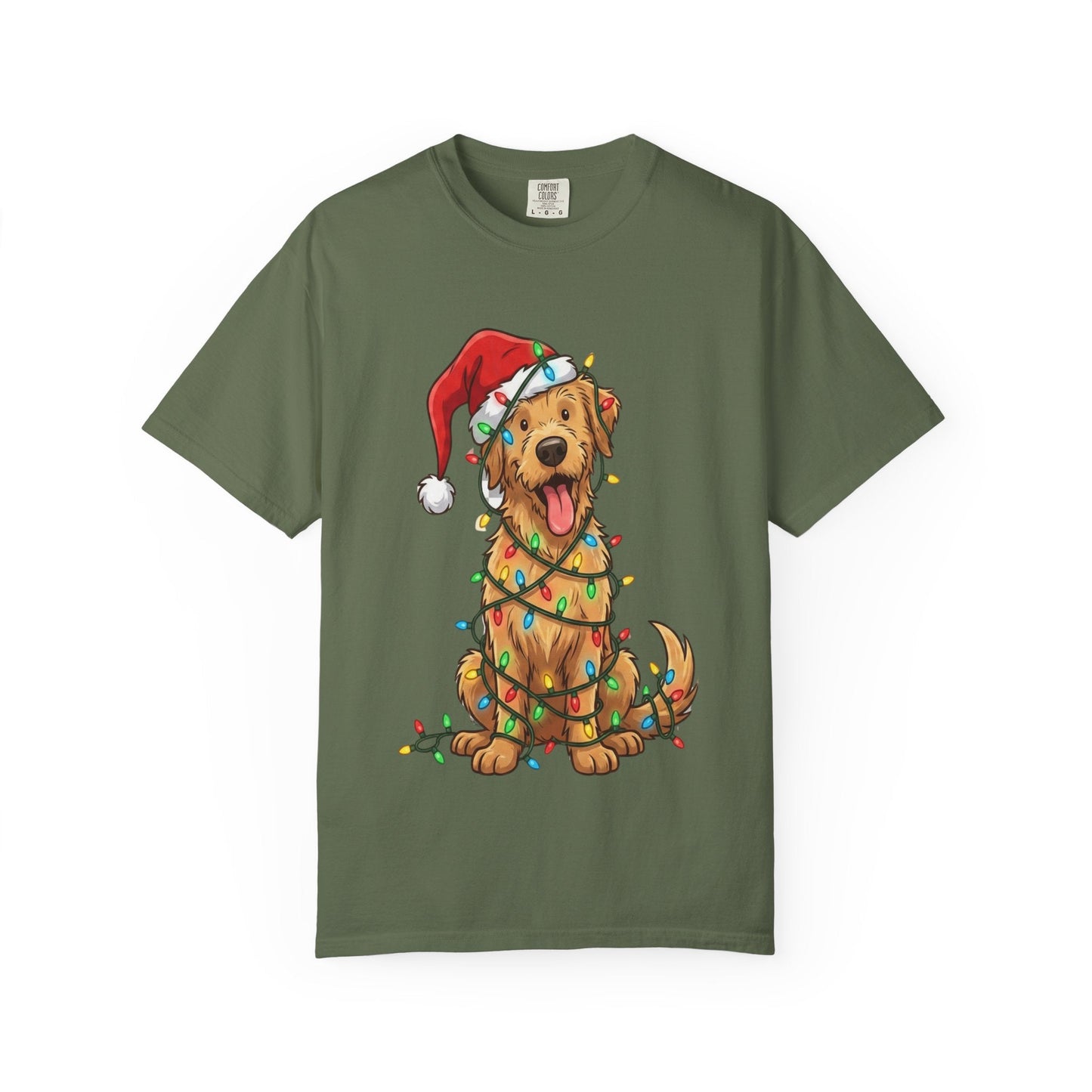 Festive Furry Friend: Christmas Lights Canine, Playful Holiday Illustration T-shirt – Custom T-Shirt by PixelCraft360, unique decoration for events and special gifts