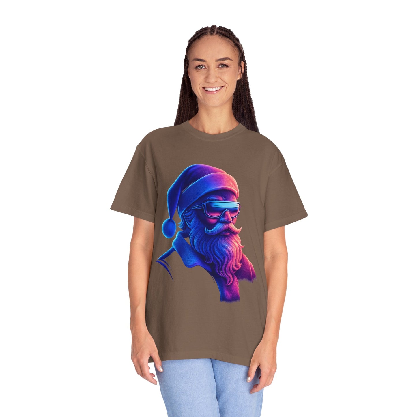 Festive Fusion: Digital Holiday Portrait, Stylized Cyberpunk Santa T-shirt – Custom T-Shirt by PixelCraft360, unique decoration for events and special gifts