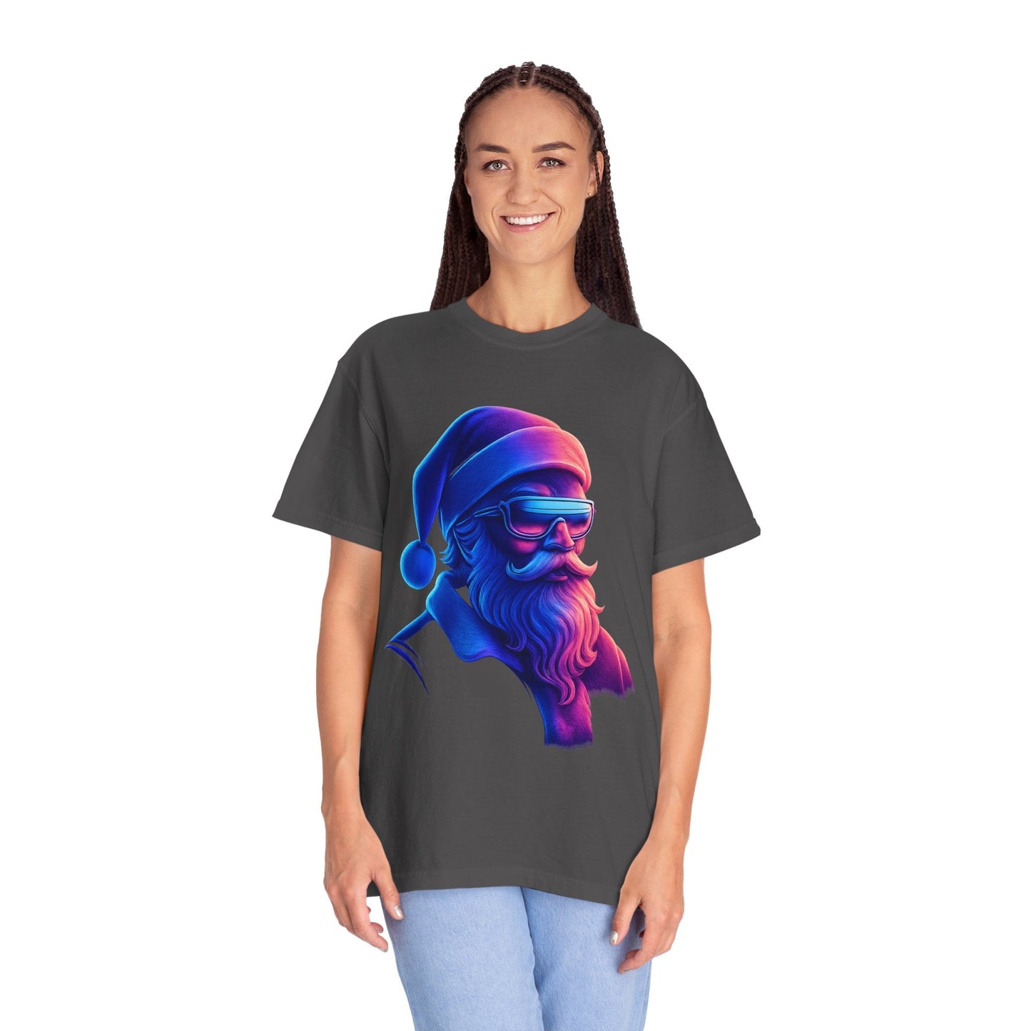 Festive Fusion: Digital Holiday Portrait, Stylized Cyberpunk Santa T-shirt – Custom T-Shirt by PixelCraft360, unique decoration for events and special gifts