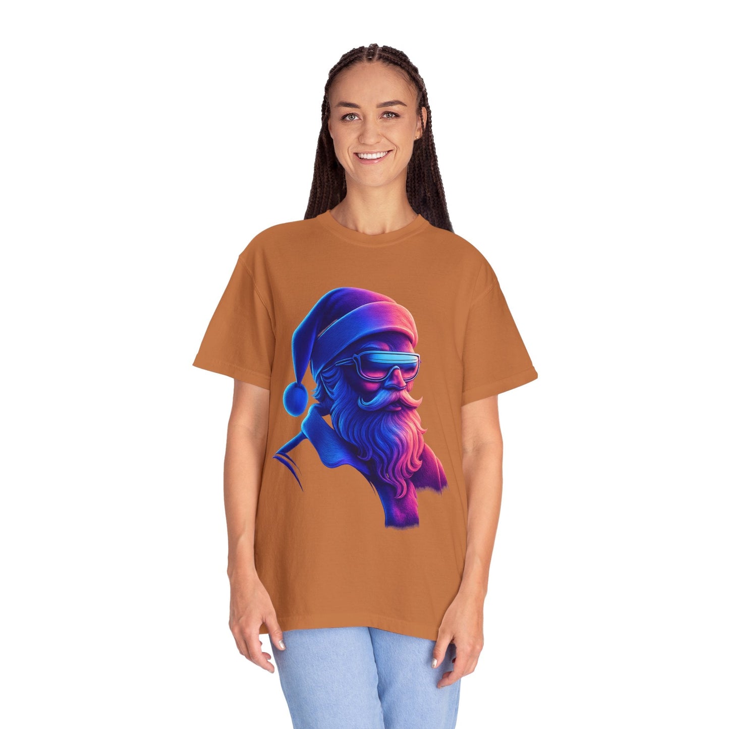 Festive Fusion: Digital Holiday Portrait, Stylized Cyberpunk Santa T-shirt – Custom T-Shirt by PixelCraft360, unique decoration for events and special gifts