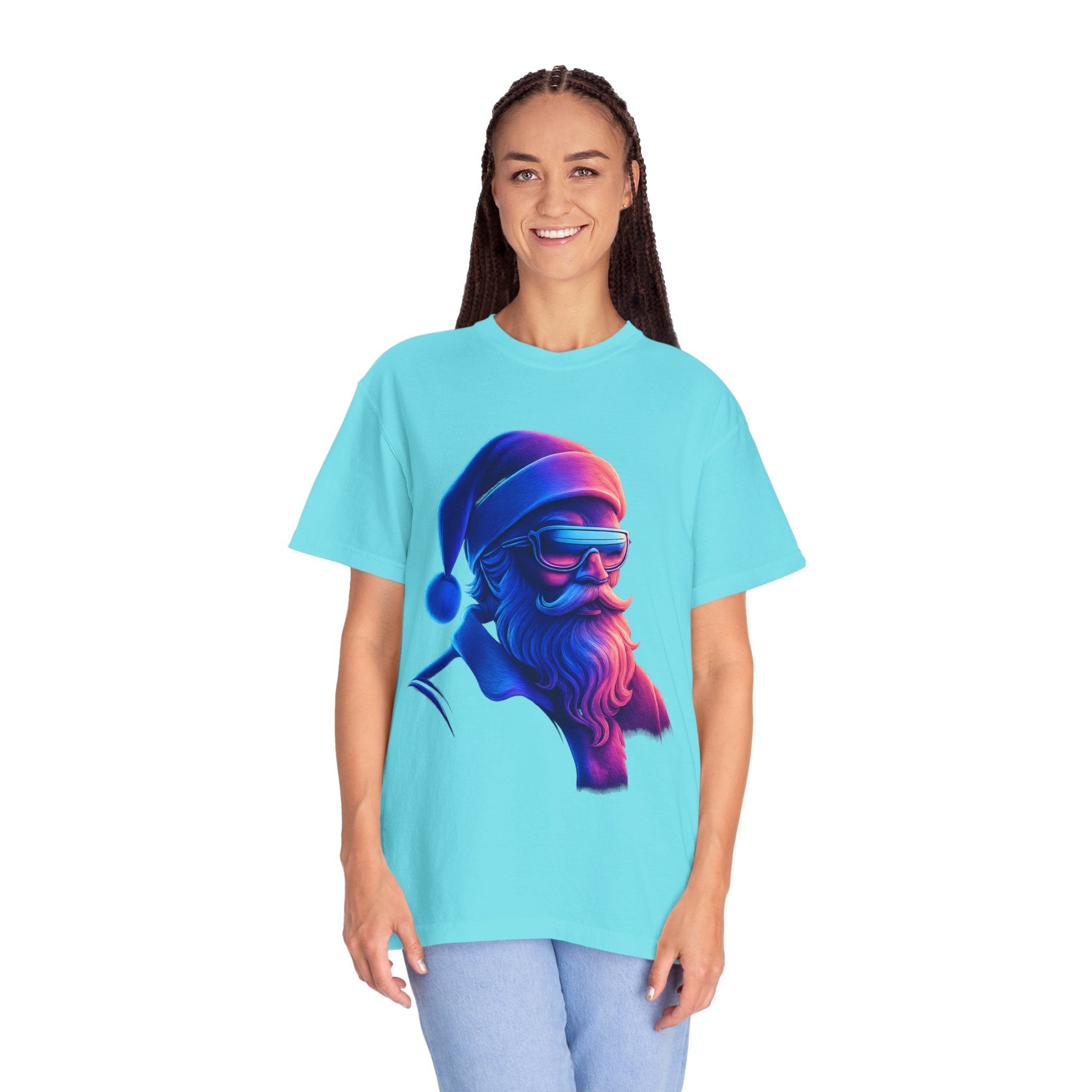 Festive Fusion: Digital Holiday Portrait, Stylized Cyberpunk Santa T-shirt – Custom T-Shirt by PixelCraft360, unique decoration for events and special gifts