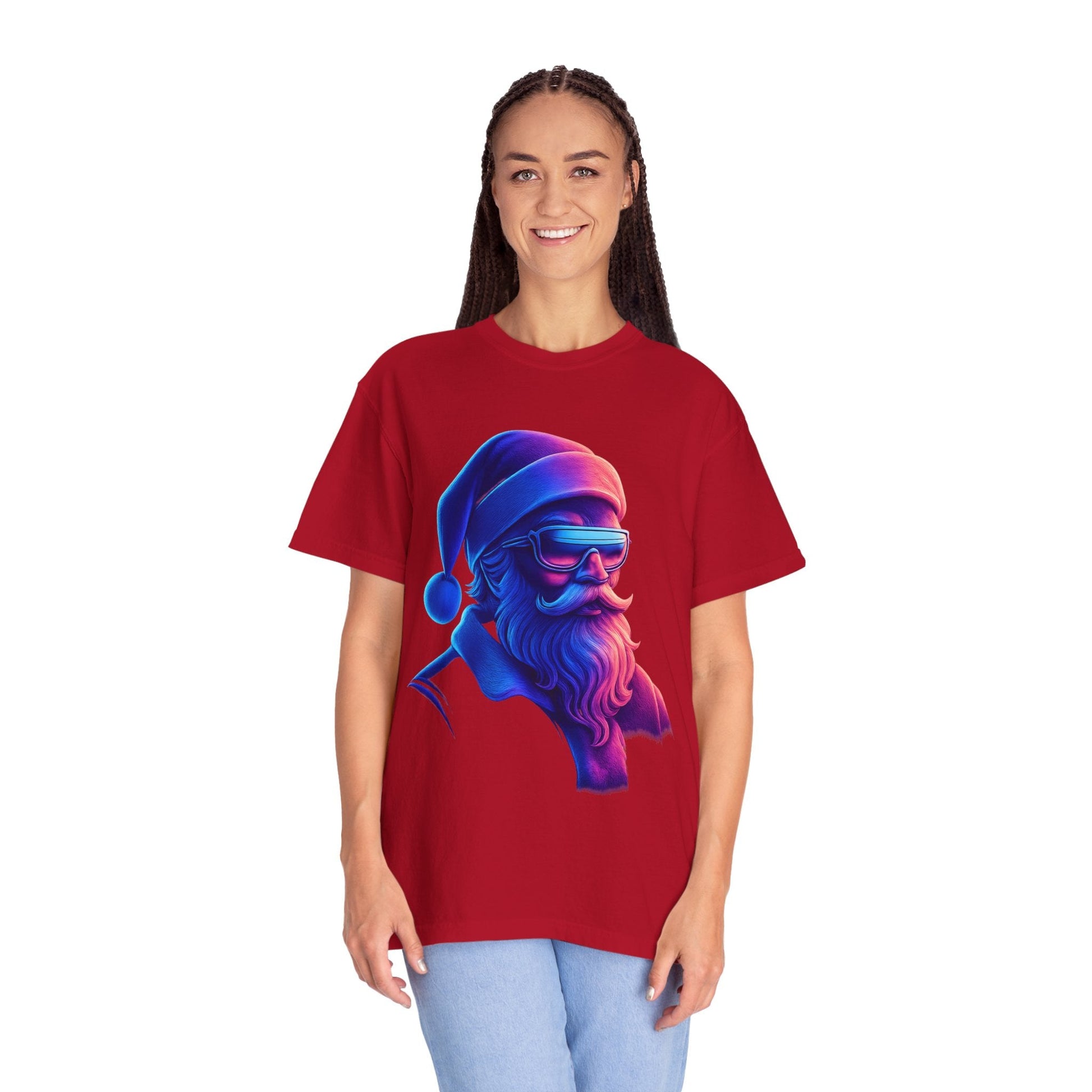 Festive Fusion: Digital Holiday Portrait, Stylized Cyberpunk Santa T-shirt – Custom T-Shirt by PixelCraft360, unique decoration for events and special gifts