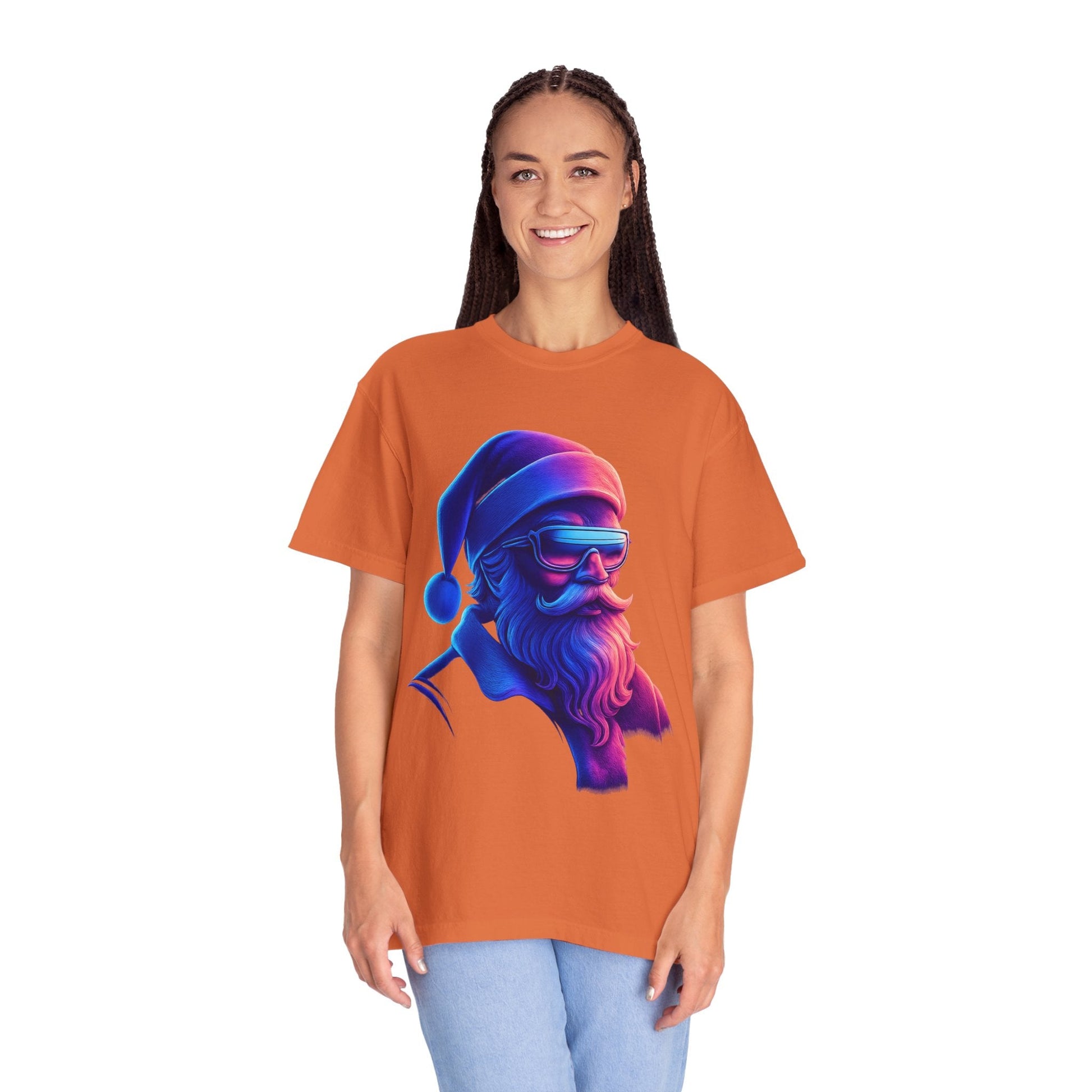 Festive Fusion: Digital Holiday Portrait, Stylized Cyberpunk Santa T-shirt – Custom T-Shirt by PixelCraft360, unique decoration for events and special gifts