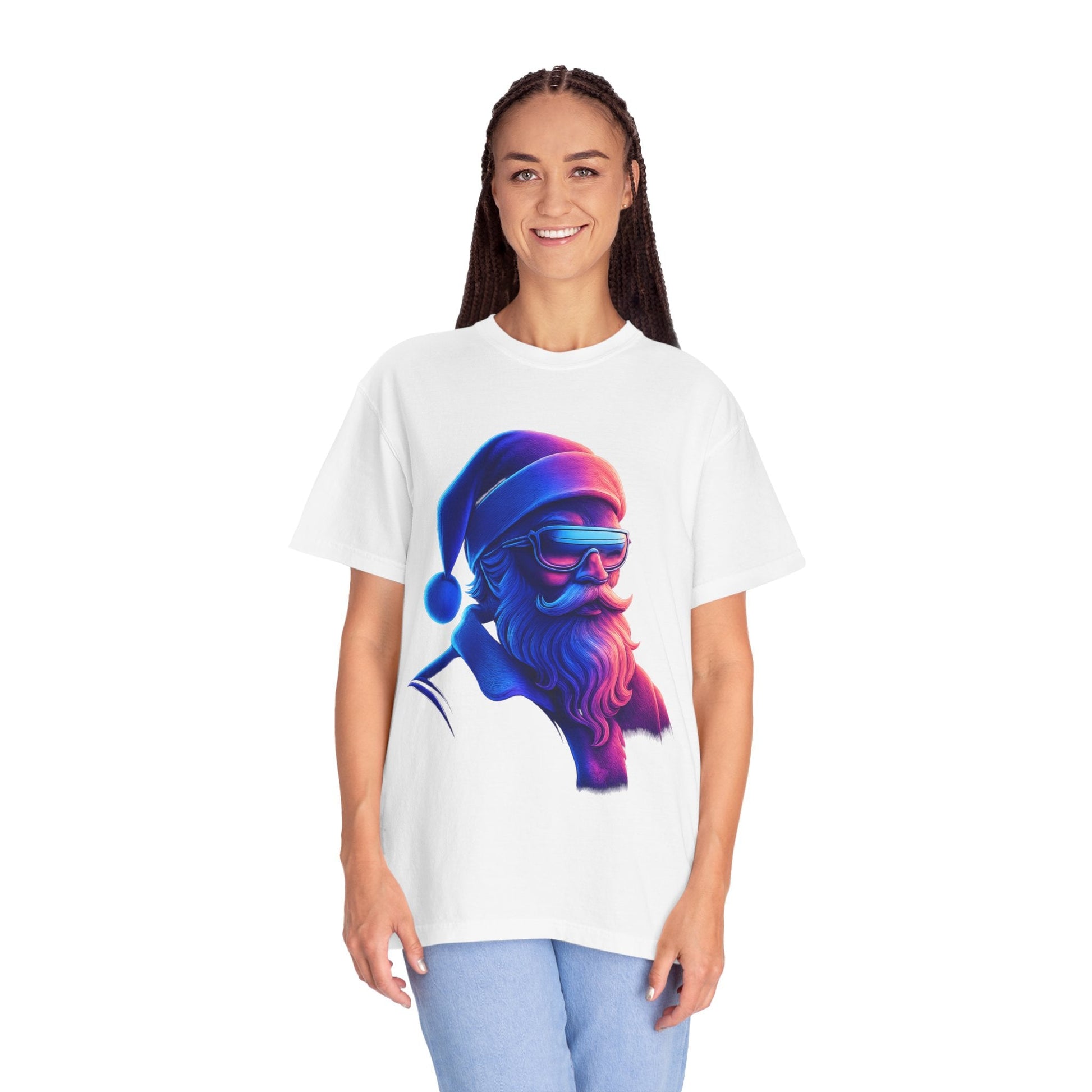 Festive Fusion: Digital Holiday Portrait, Stylized Cyberpunk Santa T-shirt – Custom T-Shirt by PixelCraft360, unique decoration for events and special gifts