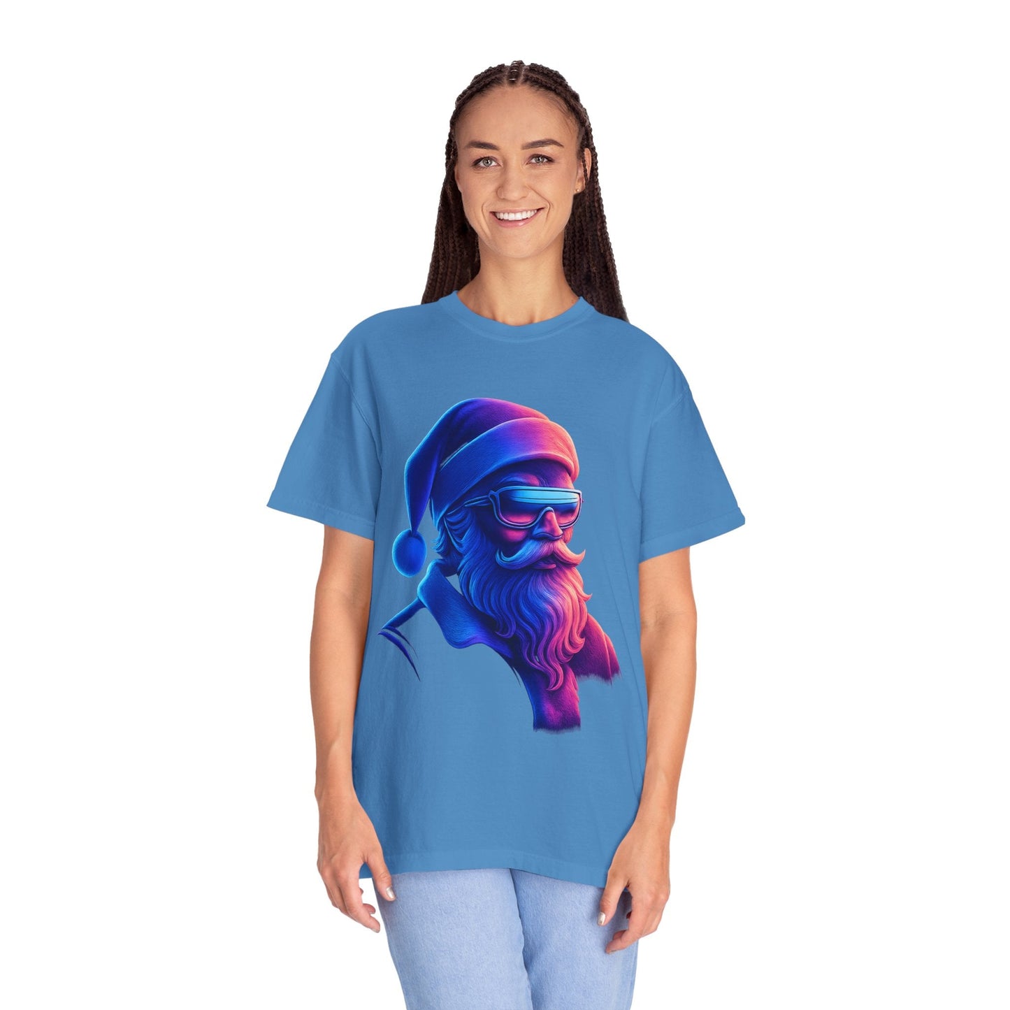Festive Fusion: Digital Holiday Portrait, Stylized Cyberpunk Santa T-shirt – Custom T-Shirt by PixelCraft360, unique decoration for events and special gifts
