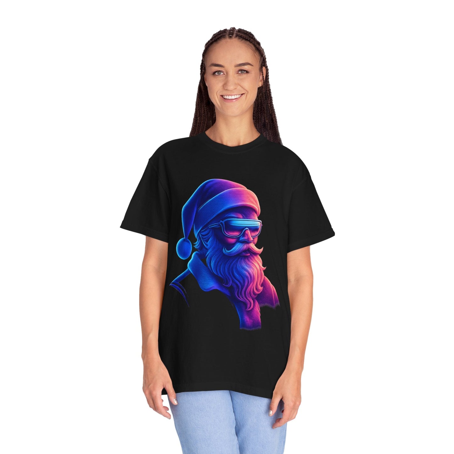 Festive Fusion: Digital Holiday Portrait, Stylized Cyberpunk Santa T-shirt – Custom T-Shirt by PixelCraft360, unique decoration for events and special gifts