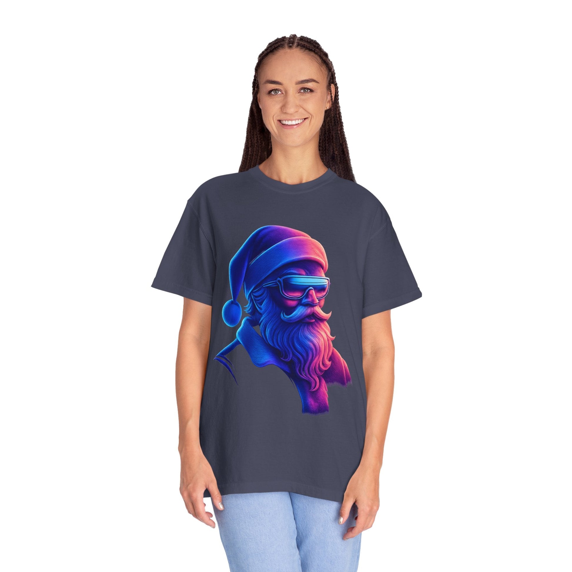 Festive Fusion: Digital Holiday Portrait, Stylized Cyberpunk Santa T-shirt – Custom T-Shirt by PixelCraft360, unique decoration for events and special gifts